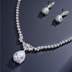 Haisley Teardrop Halo & Floral Cluster Crystal Earrings and Necklace Set