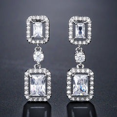 Everleigh Emerald Cut Halo Crystal Bridal Earrings