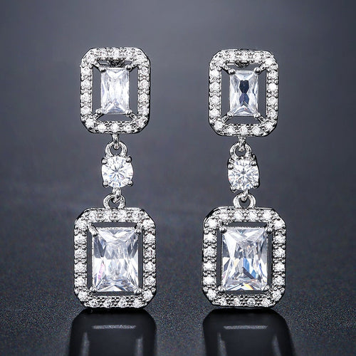 Everleigh Emerald Cut Halo Crystal Bridal Earrings