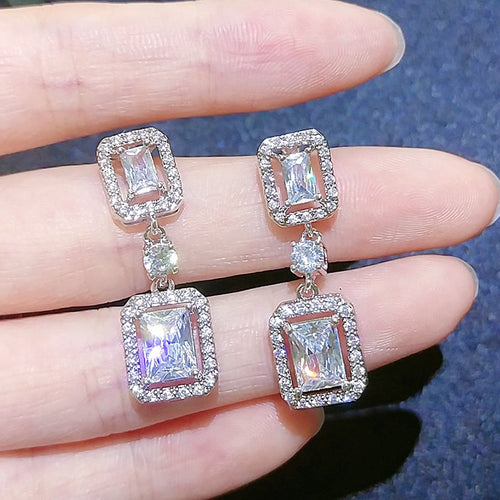 Everleigh Emerald Cut Halo Crystal Bridal Earrings