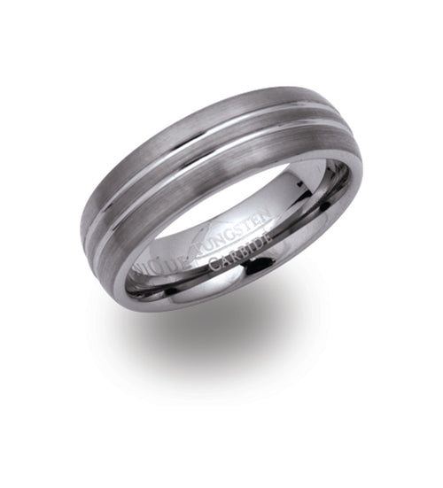 Gents Tungsten Ring 7mm Wide Dark With Two Centre Tramlines TUR-27