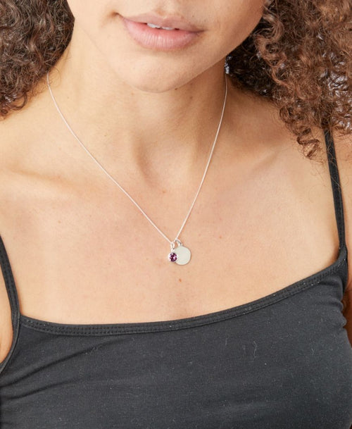 February Birthstone and Engravable Disc Necklace