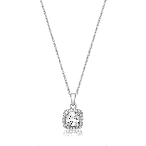 Silver & Co London Sterling Silver Claw Set Halo Style Square Cubic Zirconium Pendant And Chain