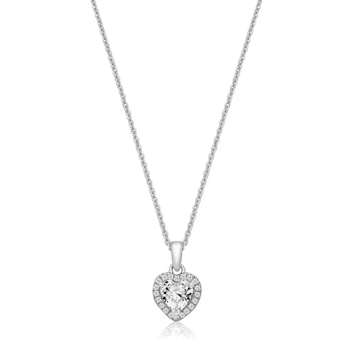 Silver & Co London Sterling Silver Claw Set Halo Style Heart Cubic Zirconium Pendant & Chain