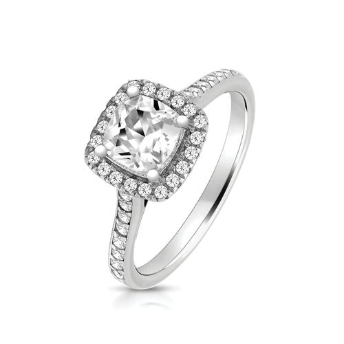 Silver & Co London Sterling Silver Small Claw Set Halo Style Square Cubic Zirconium Ring