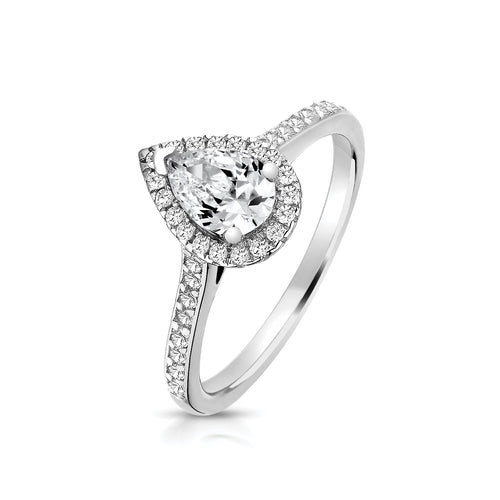 Silver & Co London Sterling Sterling Silver Claw Set Halo Style Pear Shape Cubic Zirconium Ring