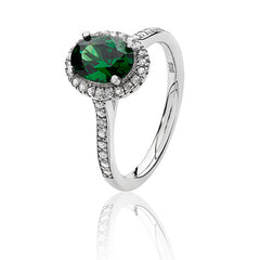 Silver & Co London Sterling Silver Cubic Zirconium And Simulated Oval Emerald Halo ring