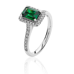 Silver & Co London Sterling Silver Cubic Zirconium And Simulated Emerald Halo Ring