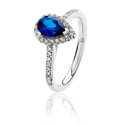 Silver Claw Set Pear Shape Halo Style Blue Cz Ring RHODIUM PLATED